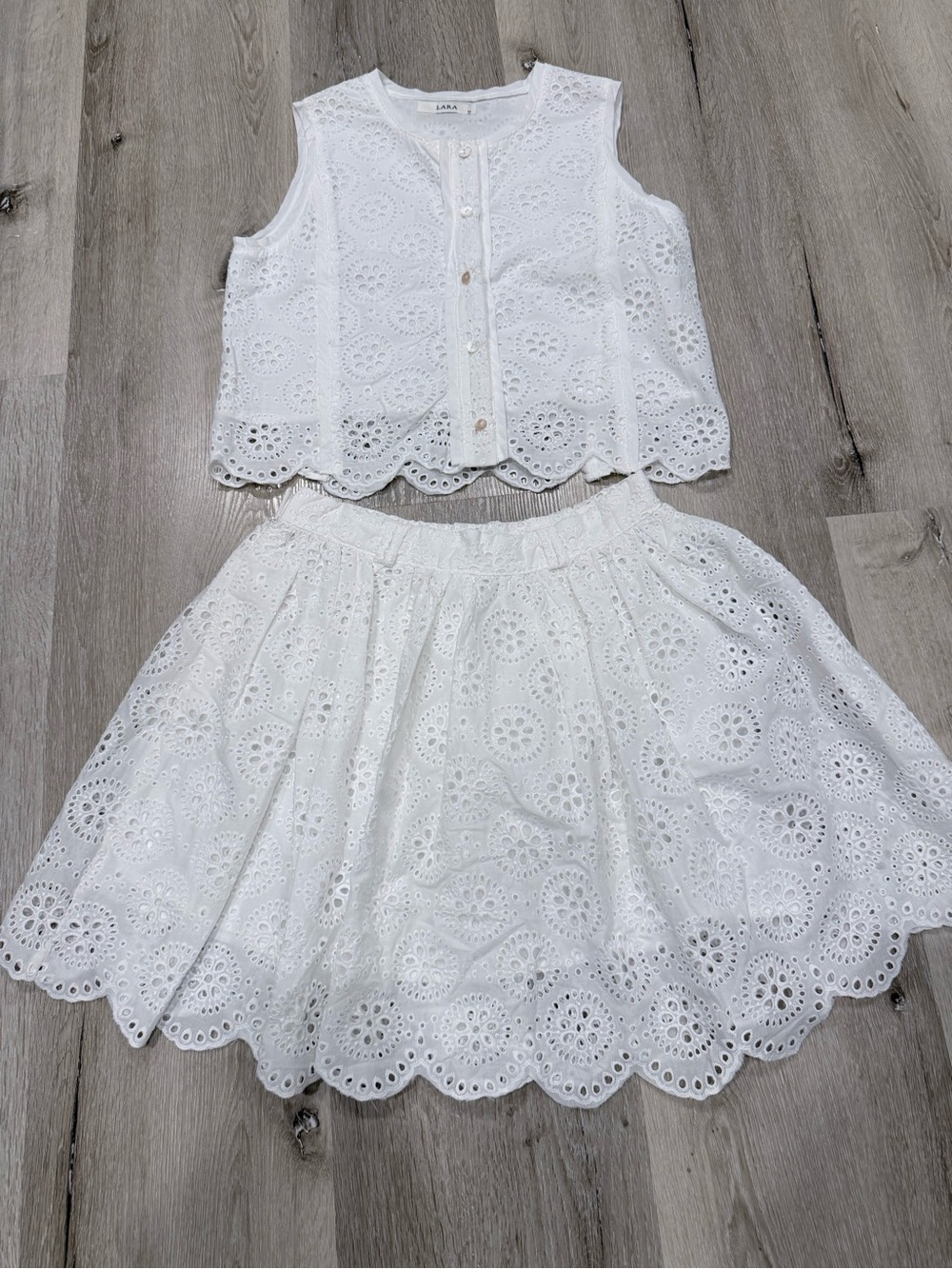 LARA White Eyelet Two-Piece Skirt Set